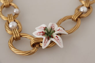 Gold White Lily Floral Chain Statement Necklace Dolce & Gabbana