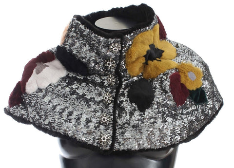 Silver Sequined Floral Weasel Fur Shoulder Scarf Wrap Dolce & Gabbana