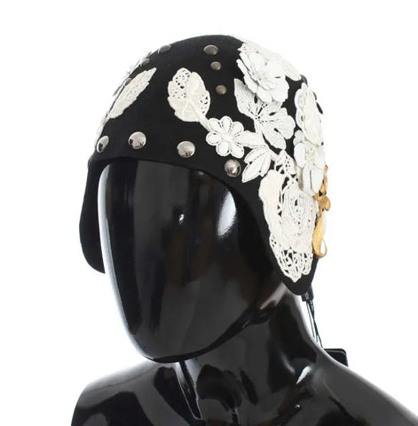 Black Wool White Floral Gold Leaf Hat Dolce & Gabbana