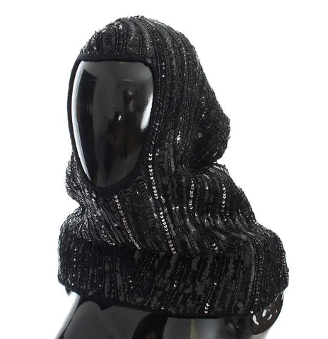 Black Knitted Sequin Hood Scarf Hat Dolce & Gabbana