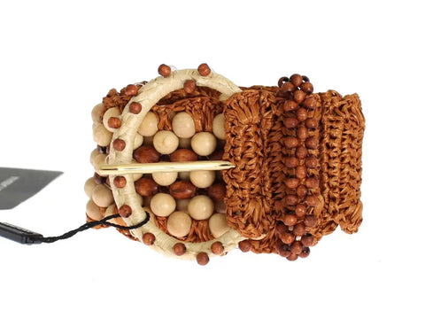 Brown Raffia Wood Beaded Wide Waist Belt Dolce & Gabbana