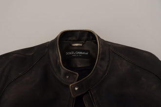 Black Leather Zipper Biker Coat Jacket Dolce & Gabbana