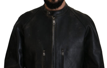 Black Leather Zipper Biker Coat Jacket Dolce & Gabbana