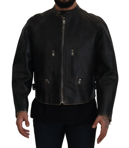 Black Leather Zipper Biker Coat Jacket Dolce & Gabbana