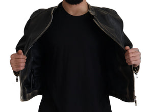 Black Leather Zipper Biker Coat Jacket Dolce & Gabbana