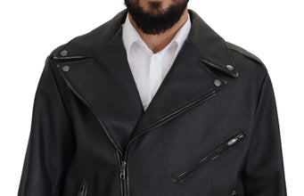 Black Leather Biker Coat Zipper Jacket Dolce & Gabbana
