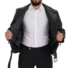 Black Leather Biker Coat Zipper Jacket Dolce & Gabbana