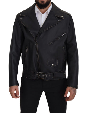 Black Leather Biker Coat Zipper Jacket Dolce & Gabbana