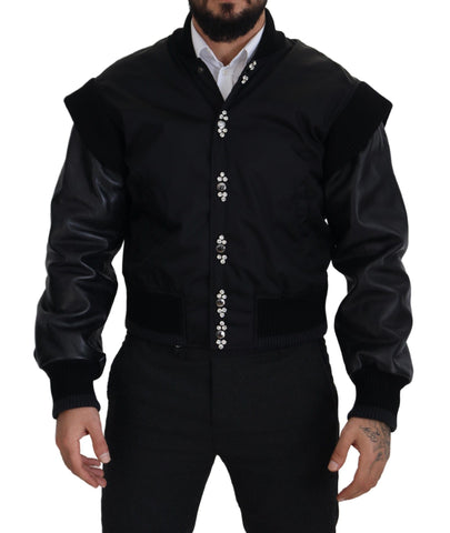 Black Nylon Crystals Coat Buttons Jacket Dolce & Gabbana