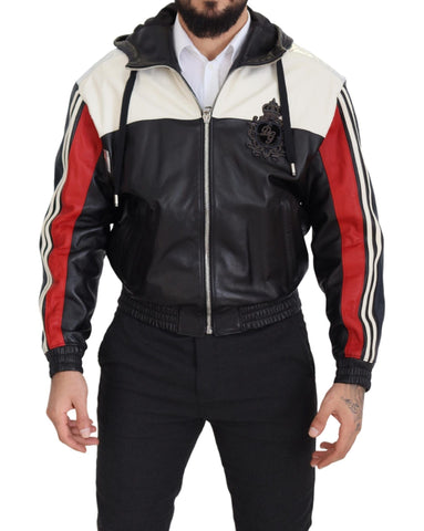 Black Leather Hooded Blouson Coat Jacket Dolce & Gabbana