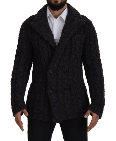 Black Wool Knit Double Breasted Coat Jacket Dolce & Gabbana