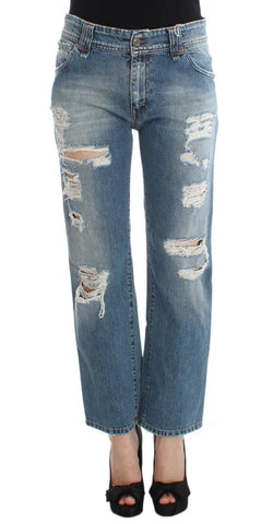 Blue Wash Cotton Boyfriend Fit Cropped Jeans John Galliano