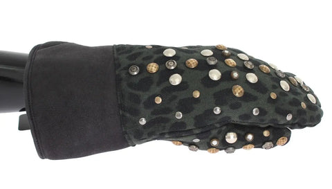 Gray Wool Shearling Studded Green Leopard Gloves Dolce & Gabbana