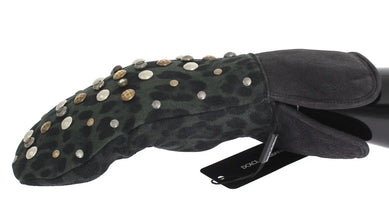 Gray Wool Shearling Studded Green Leopard Gloves Dolce & Gabbana