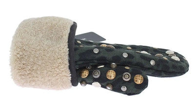 Gray Wool Shearling Studded Green Leopard Gloves Dolce & Gabbana
