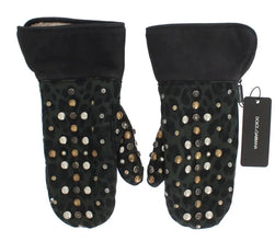 Gray Wool Shearling Studded Green Leopard Gloves Dolce & Gabbana