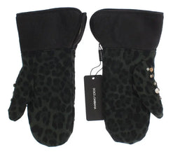Gray Wool Shearling Studded Green Leopard Gloves Dolce & Gabbana