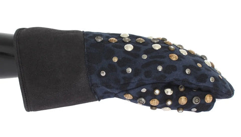 Gray Wool Shearling Studded Blue Leopard Gloves Dolce & Gabbana