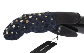 Gray Wool Shearling Studded Blue Leopard Gloves Dolce & Gabbana