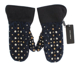 Gray Wool Shearling Studded Blue Leopard Gloves Dolce & Gabbana