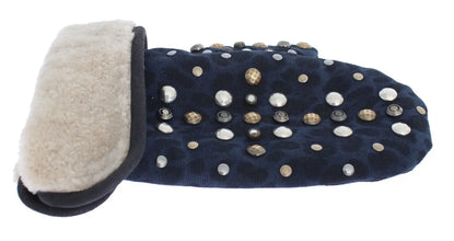 Gray Wool Shearling Studded Blue Leopard Gloves Dolce & Gabbana