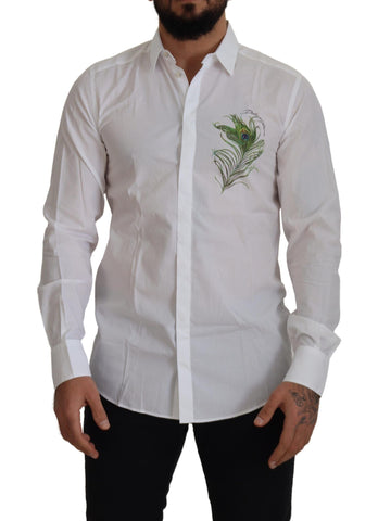 White Cotton Peacock Feather Formal GOLD Shirt Dolce & Gabbana