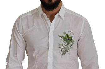 White Cotton Peacock Feather Formal GOLD Shirt Dolce & Gabbana