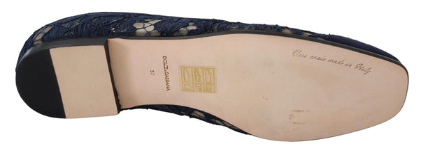 Blue Floral Lace Slip Ons Loafers Flats Shoes Dolce & Gabbana
