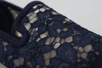 Blue Floral Lace Slip Ons Loafers Flats Shoes Dolce & Gabbana