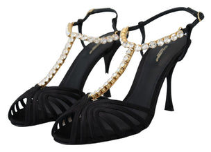 Black Satin Clear Crystal T-strap Sandal Shoes Dolce & Gabbana
