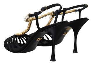 Black Satin Clear Crystal T-strap Sandal Shoes Dolce & Gabbana