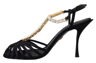 Black Satin Clear Crystal T-strap Sandal Shoes Dolce & Gabbana