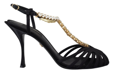 Black Satin Clear Crystal T-strap Sandal Shoes Dolce & Gabbana