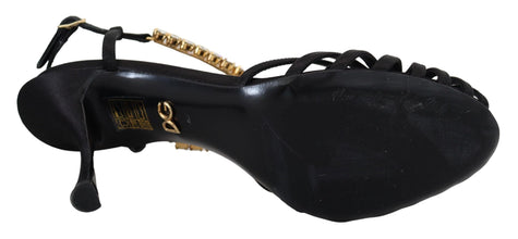 Black Satin Clear Crystal T-strap Sandal Shoes Dolce & Gabbana