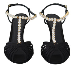 Black Satin Clear Crystal T-strap Sandal Shoes Dolce & Gabbana