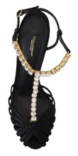 Black Satin Clear Crystal T-strap Sandal Shoes Dolce & Gabbana