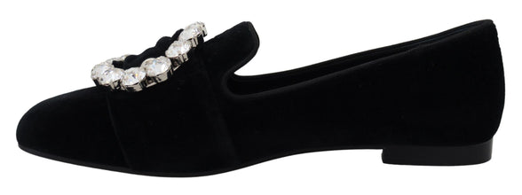 Black Velvet Crystals Loafers Flats Shoes Dolce & Gabbana
