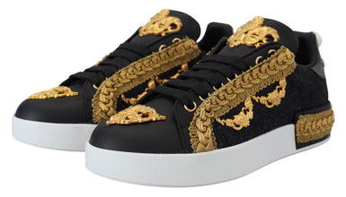 Black Gold Baroque Portofino Leather Sneakers Shoes Dolce & Gabbana
