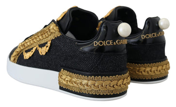 Black Gold Baroque Portofino Leather Sneakers Shoes Dolce & Gabbana