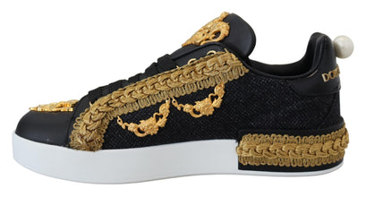Black Gold Baroque Portofino Leather Sneakers Shoes Dolce & Gabbana