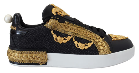 Black Gold Baroque Portofino Leather Sneakers Shoes Dolce & Gabbana