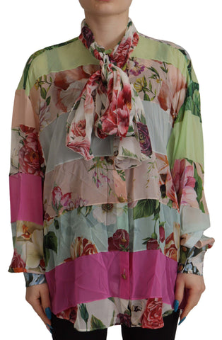 Multicolor  Floral Patchwork Design Ascot Collar Top Blouse Dolce & Gabbana