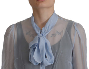Light Blue Silk Ascot Collar Long Sleeves Top Dolce & Gabbana