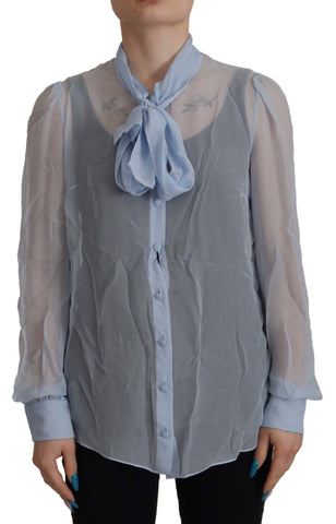 Light Blue Silk Ascot Collar Long Sleeves Top Dolce & Gabbana