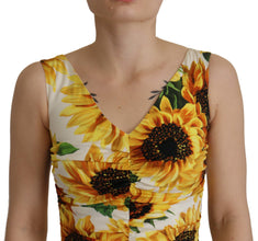 White Sunflower Print Sheath Midi Silk Dolce & Gabbana