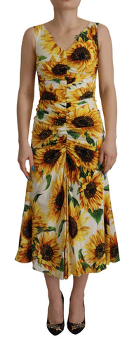 White Sunflower Print Sheath Midi Silk Dolce & Gabbana
