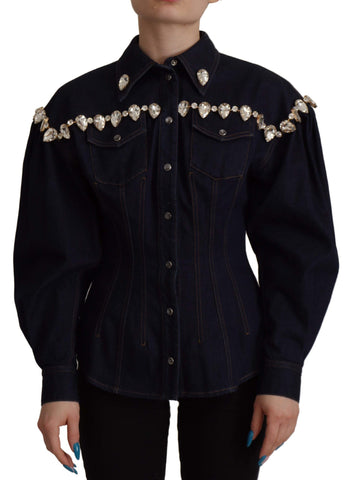Blue Denim Crystal Embellish Cotton Jacket Dolce & Gabbana