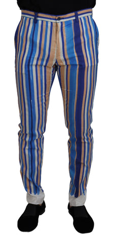 Blue Striped Silk Cotton Slim Trousers Pants Dolce & Gabbana