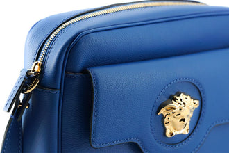 Elegant Blue Calf Leather Camera Case Bag Versace