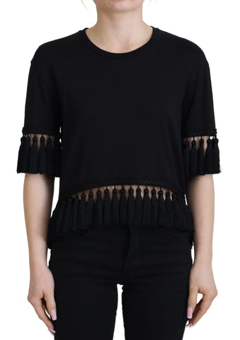 Black T-shirt Blouse Tassle Cotton Blouse Dolce & Gabbana